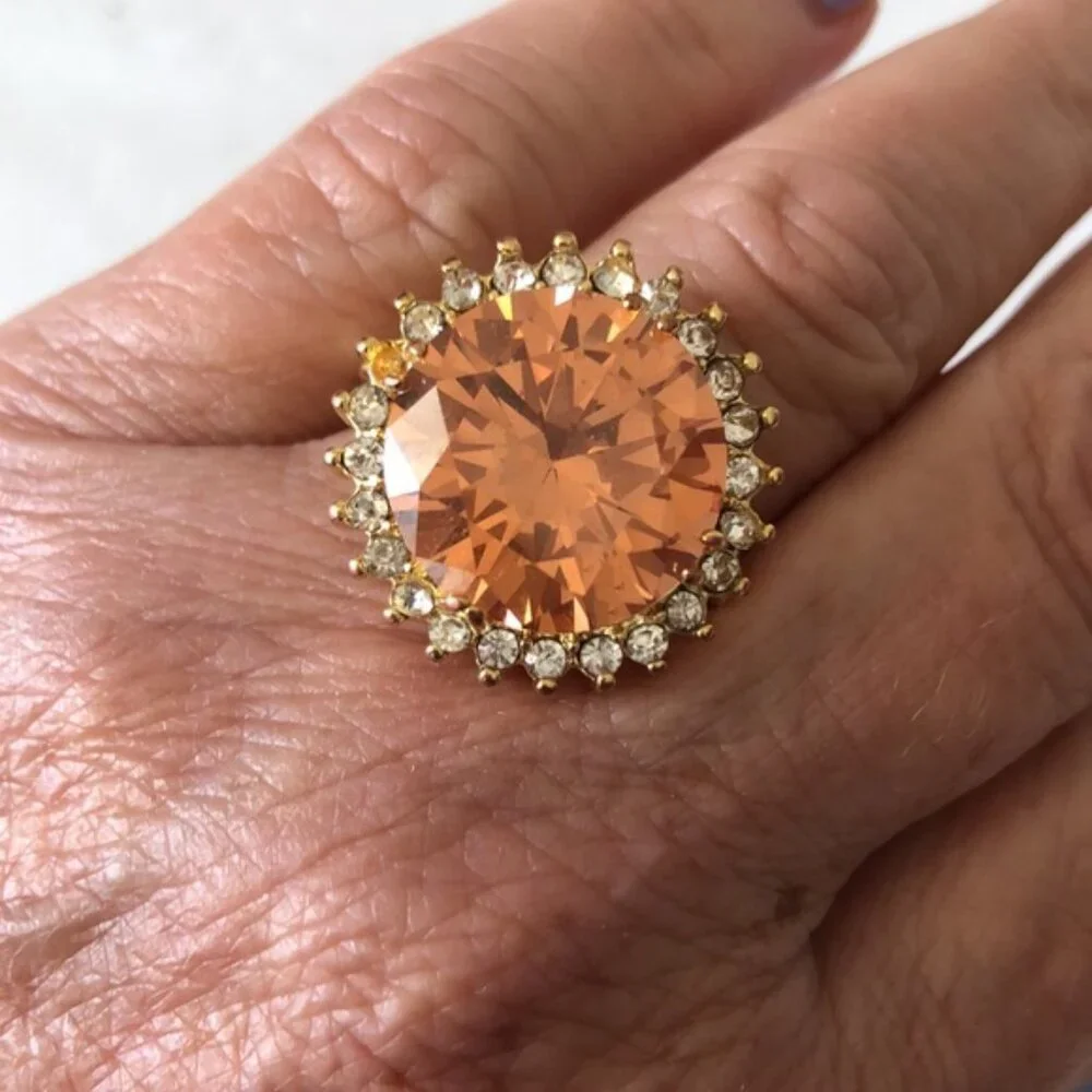 Cocktail Ring Gold Plated w Round Champagne Stone & Surround CZ Stones Sz.7.25